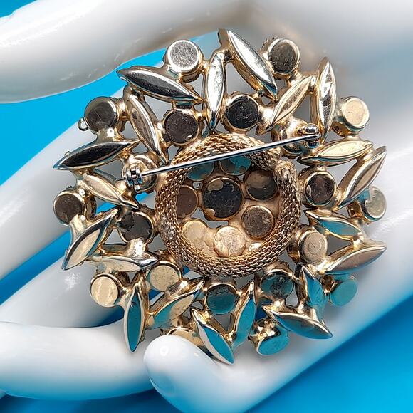 Vintage Topaz AB Rhinestone Floral Brooch Green Navette Gold Tone 2.25\